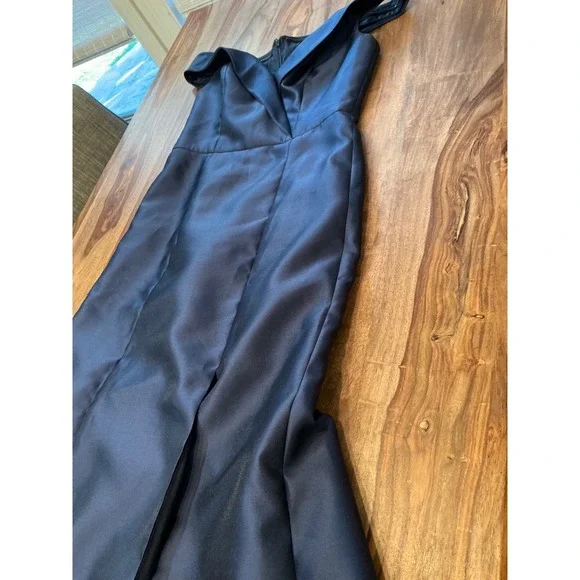 Alfred Sung Navy Midnight Blue Off The Shoulder Satin Gown Size 8 Evening Formal - Picture 11 of 15